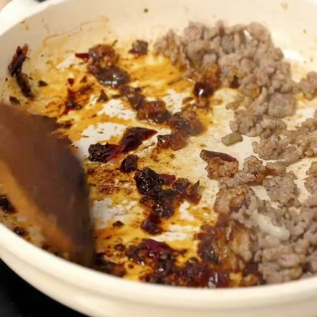 Pasta doubanjiang mieszana z mięsem na patelni.