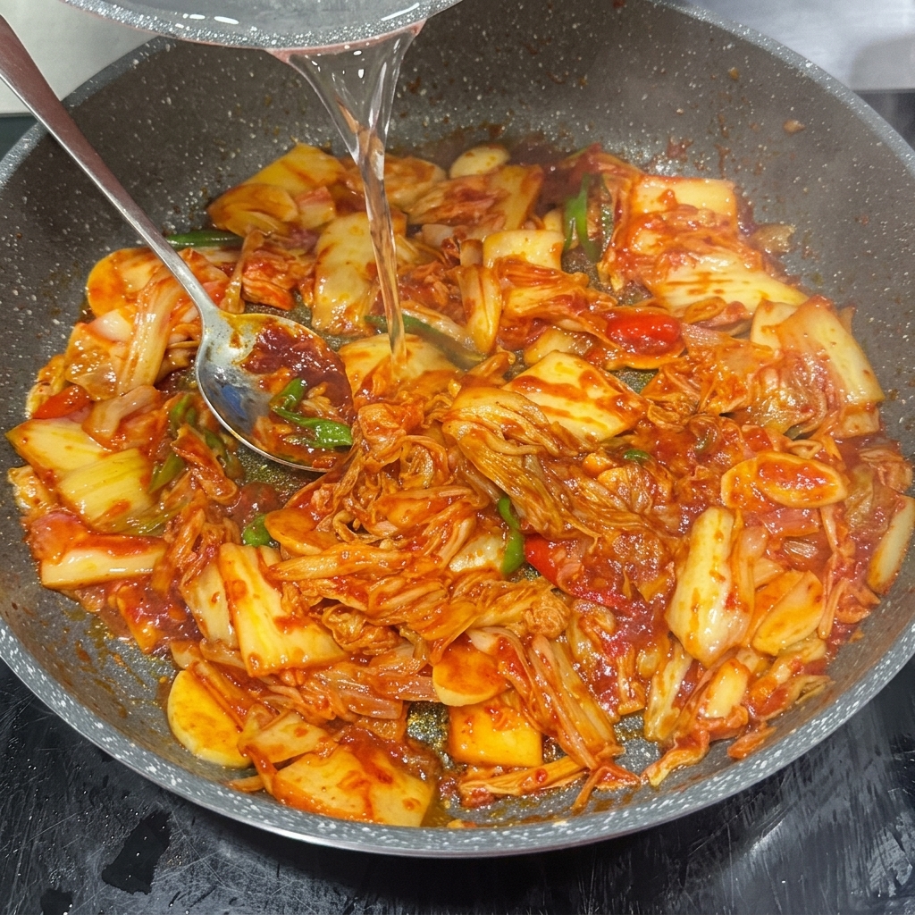 Świeże kiełki fasoli i grzyby enoki dodawane do gotującej się czerwonej zupy kimchi.