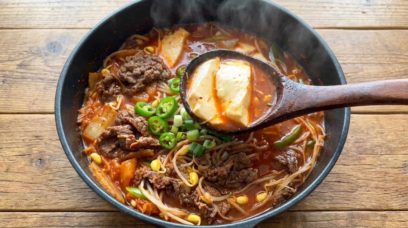 Niskokaloryczna zupa kimchi z wołowiną i tofu