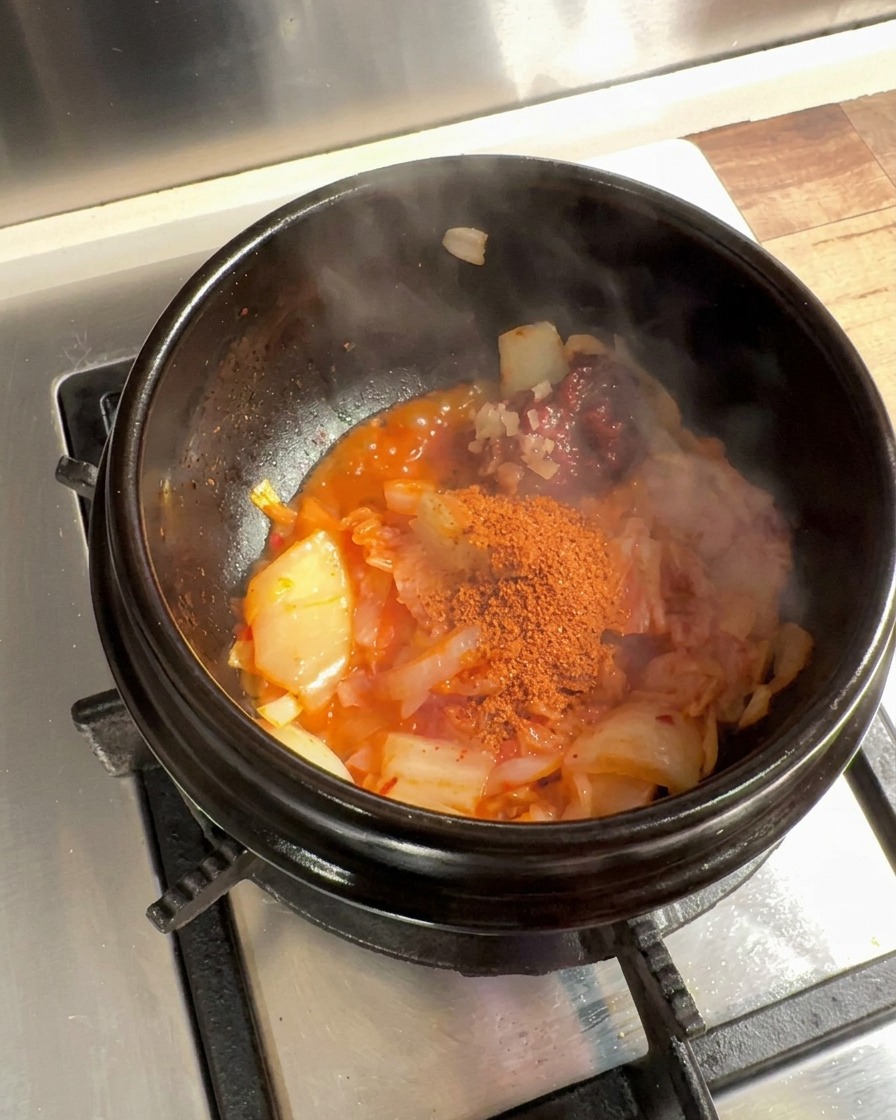 Przyprawy takie jak płatki chili, cukier i sos sojowy posypywane na bazę kimchi w garnku.