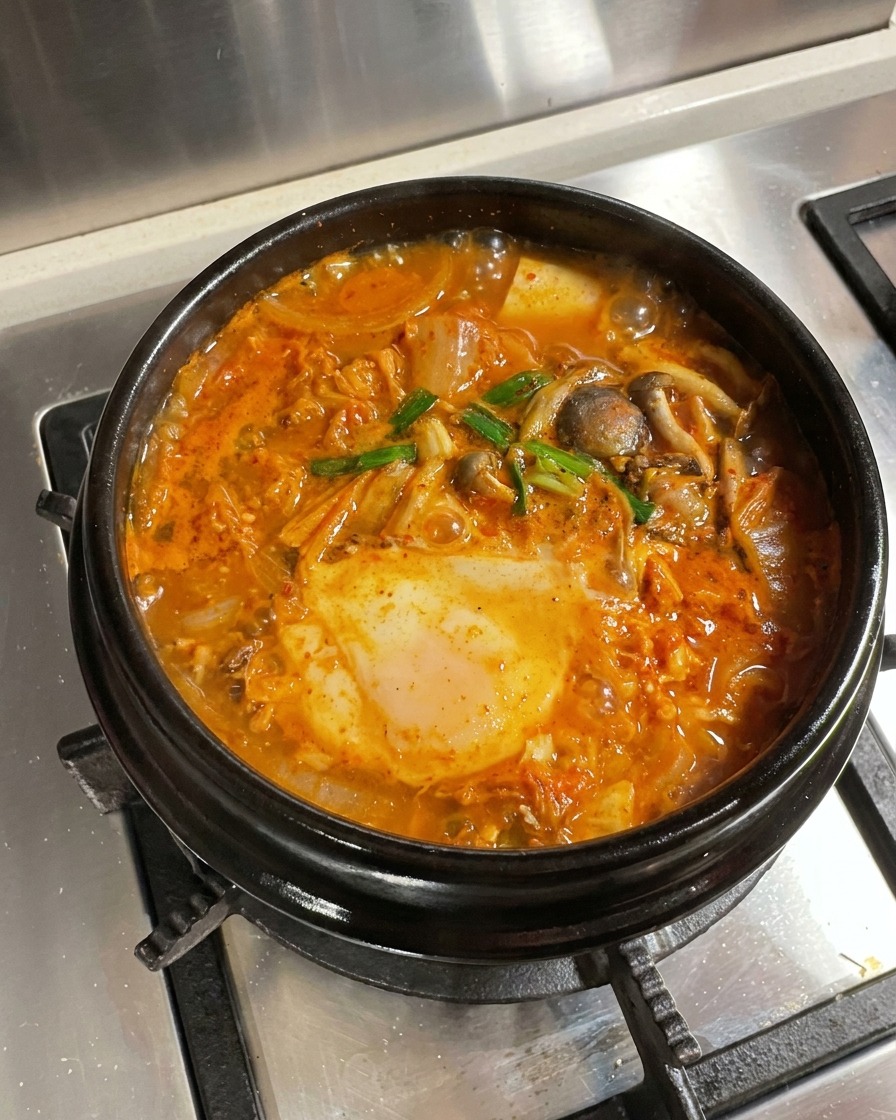 Gotowa zupa kimchi z wołowiną i tofu, udekorowana jasną zieloną cebulką i plasterkami czerwonego chili na wierzchu.