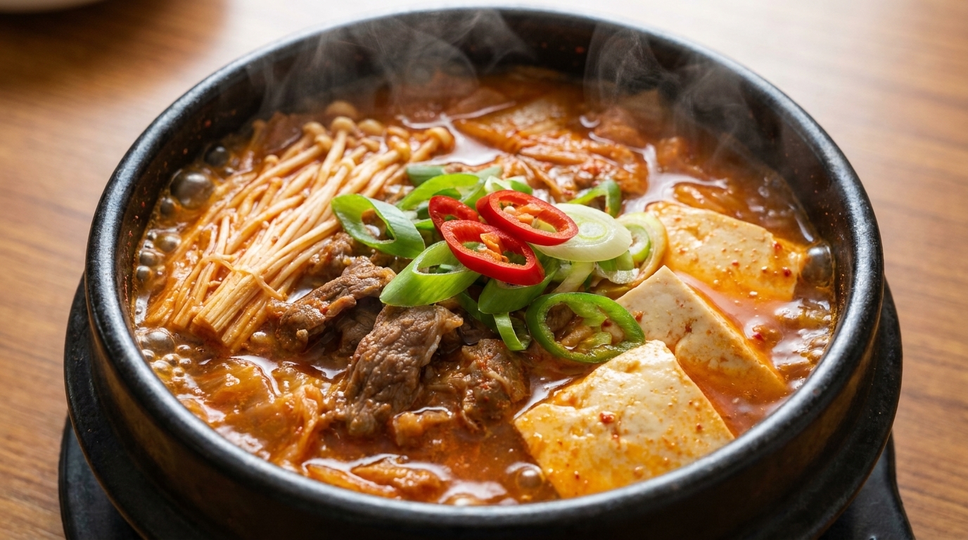 Pikantna koreańska zupa z kimchi, wołowiną i tofu (Kimchi Jjigae)