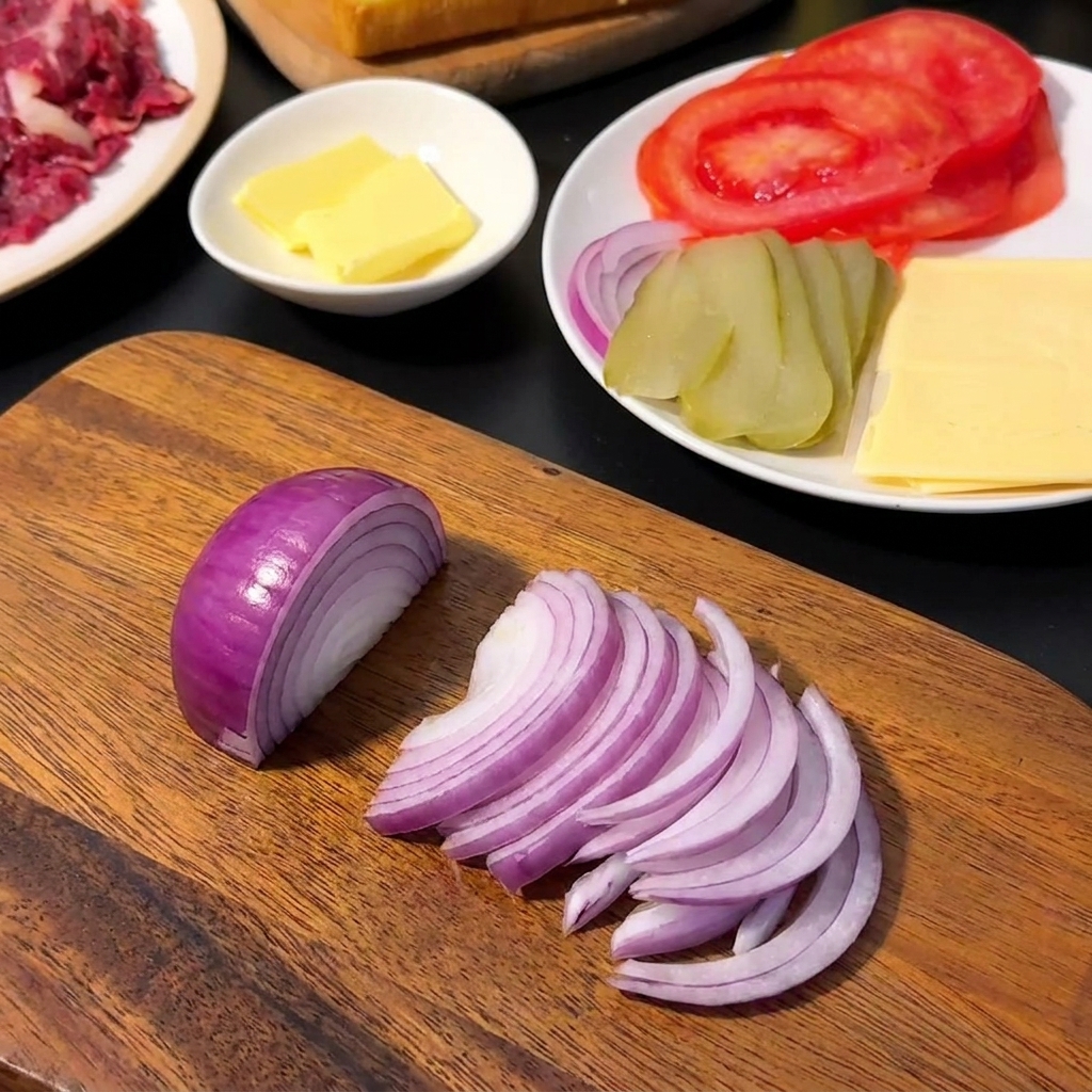 Drobno posiekana czerwona cebula na desce do krojenia obok noża kuchennego.