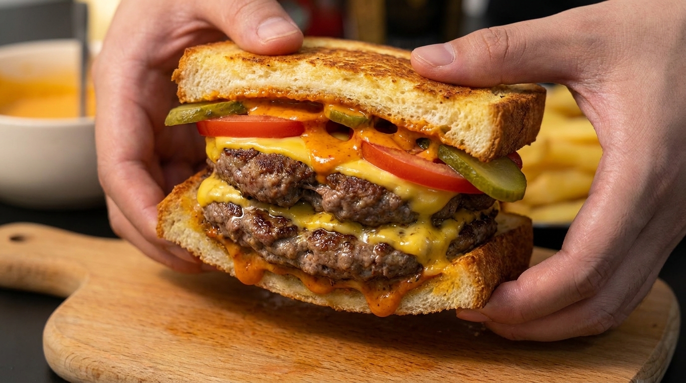 Wykwintna kanapka typu patty melt z podwójnym wołowym kotletem