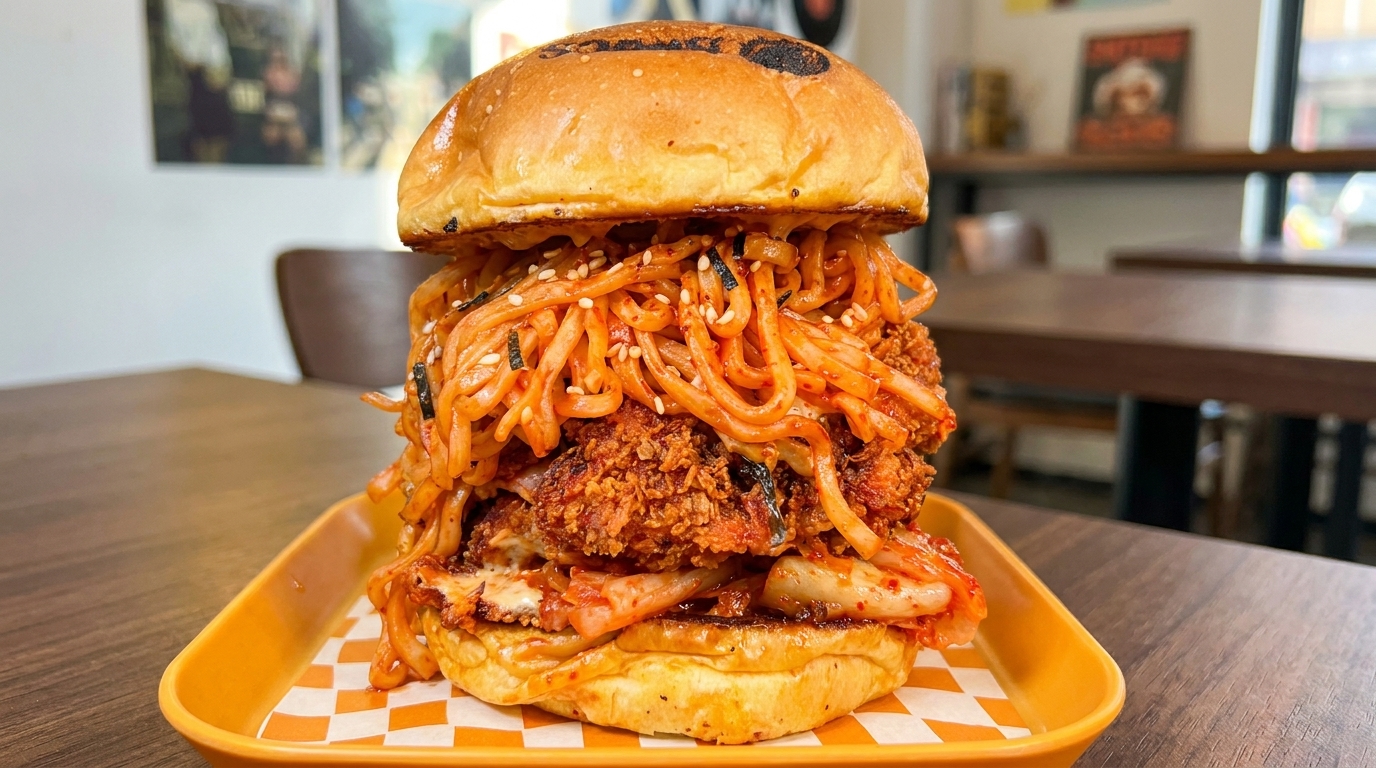 Pikantny burger z kurczakiem i koreańskim makaronem