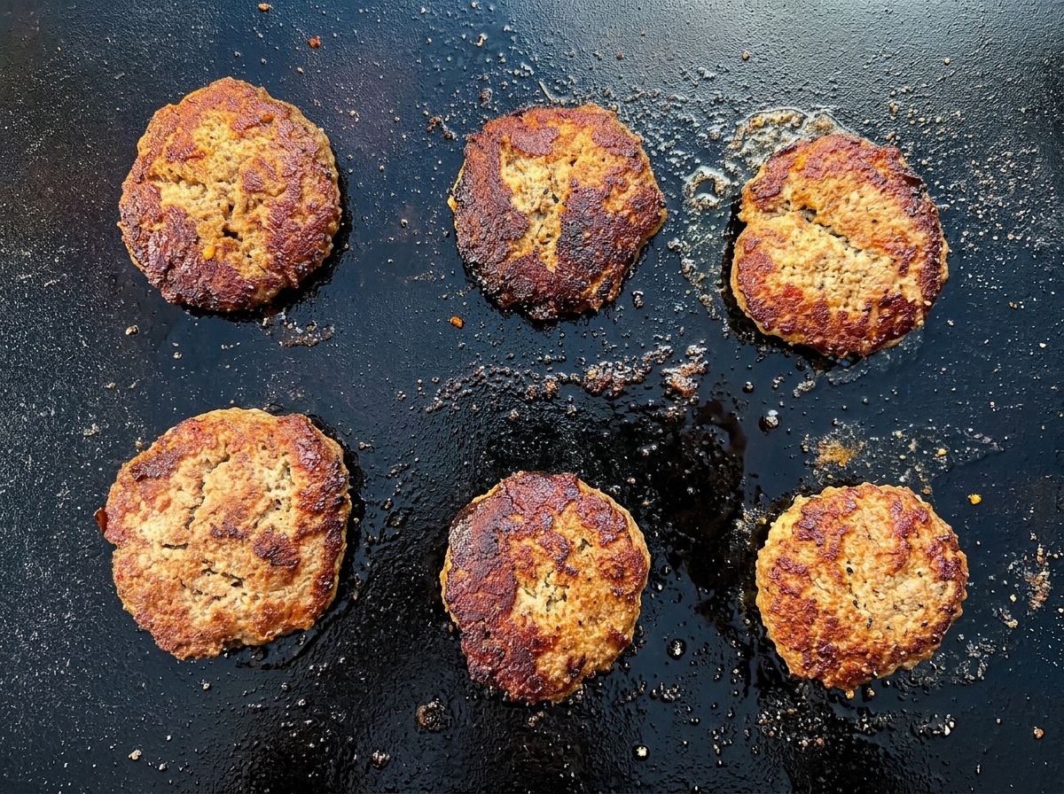Bułeczki do burgerów opiekające się na patelni obok kotletów.