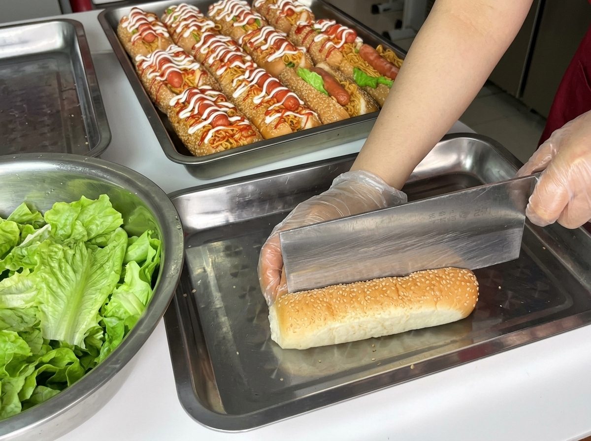 Nóż przekrawający wzdłuż miękką bułkę do hot dogów z sezamem.