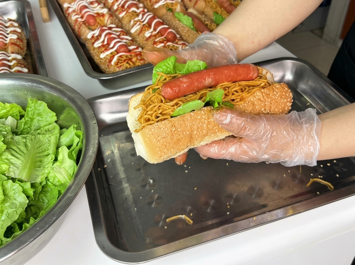 Majonez i keczup wyciskane w dekoracyjne linie na gotowym hot dogu z makaronem.