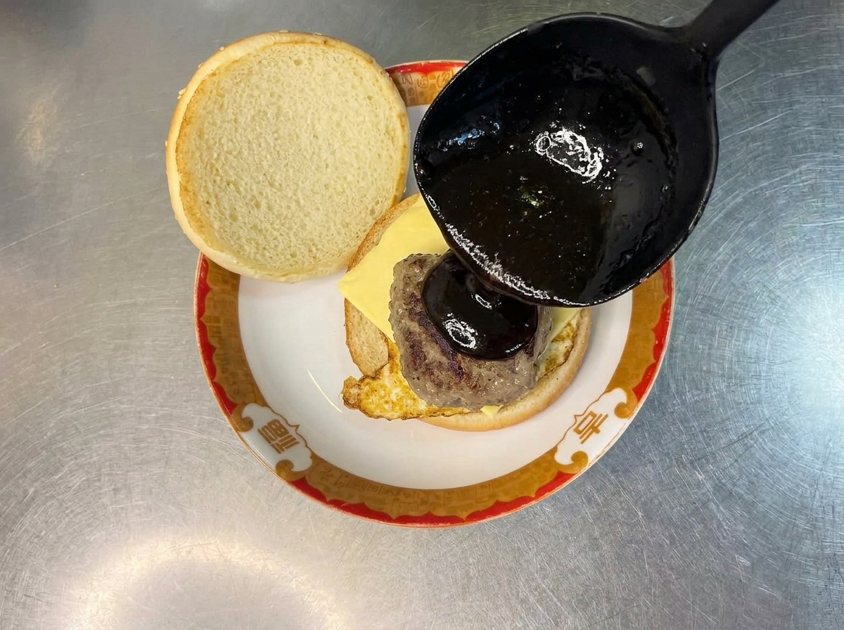 Zbliżenie na kotleta burgerowego z ketchupem na bułce z serem.