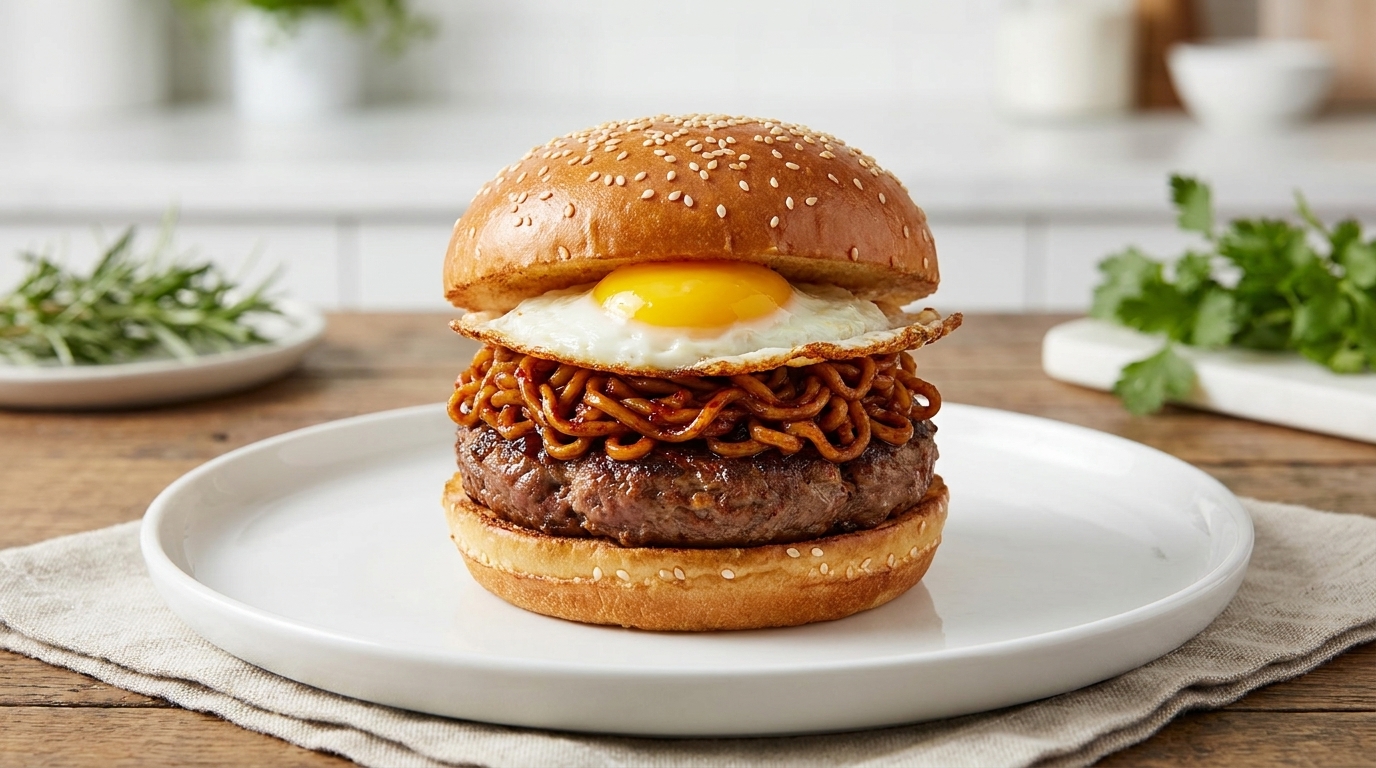 Sycący Fire Noodle Burger z pikantnym makaronem, idealnie usmażonym jajkiem i soczystym kotletem.