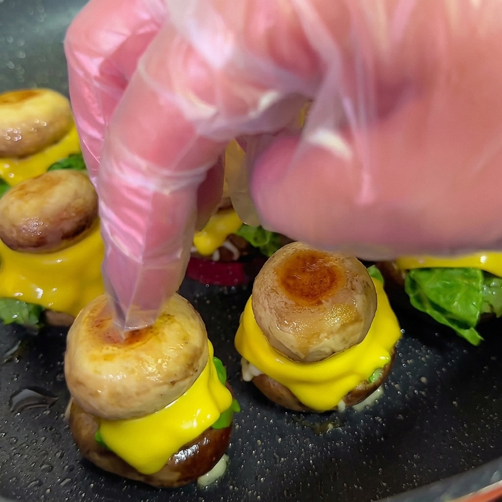 Ręka przebijająca wykałaczką złożonego mini burgera z pieczarki.