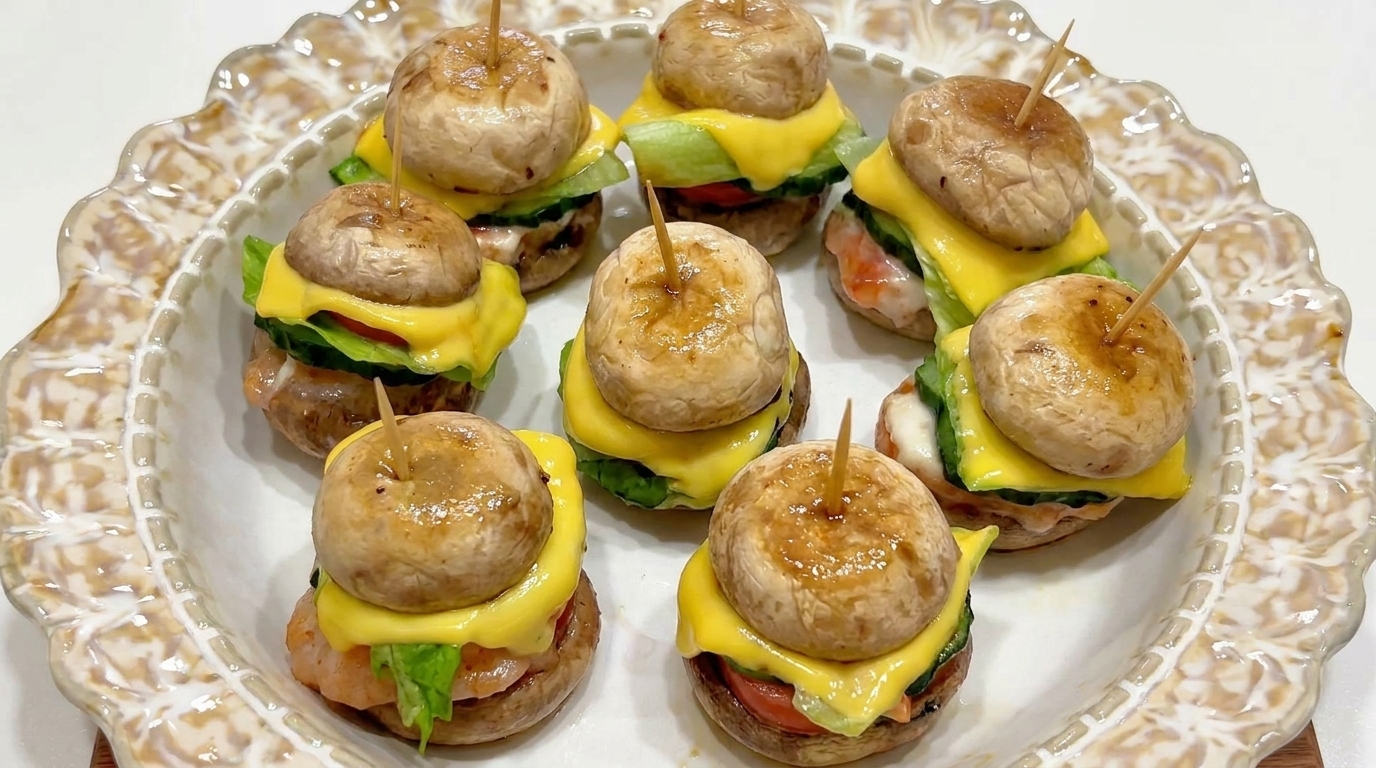 Mini burgery z pieczarek nadziewane pastą krewetkową, podane ze świeżą sałatą, pomidorem, ogórkiem i roztopionym serem cheddar.