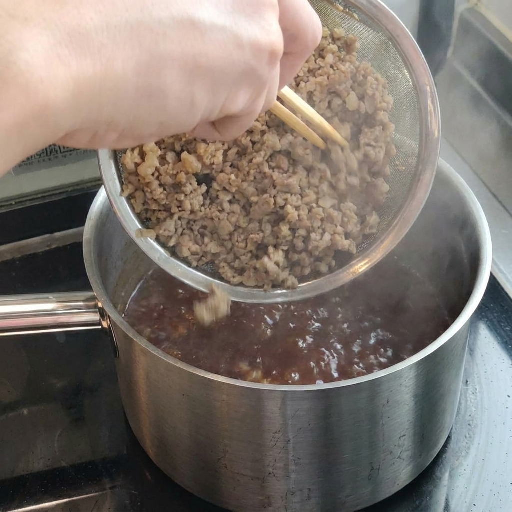 Usmażona wieprzowina dodawana do bulgoczącego sosu w garnku.