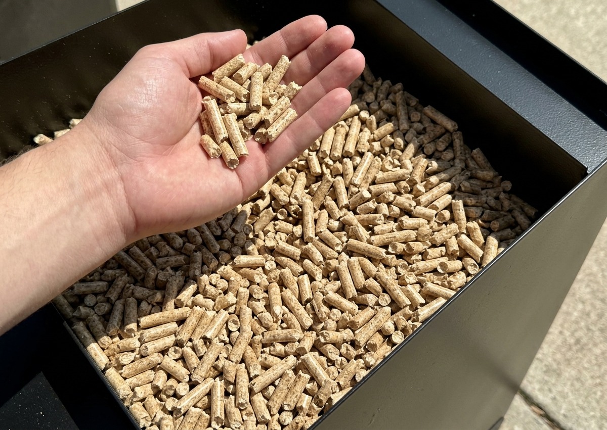Dłoń trzymająca garść pelletu drzewnego nad zasobnikiem grilla pelletowego.