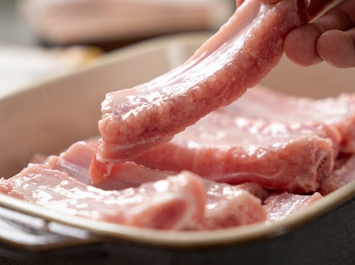 Surowe żeberka osuszane papierowym ręcznikiem.