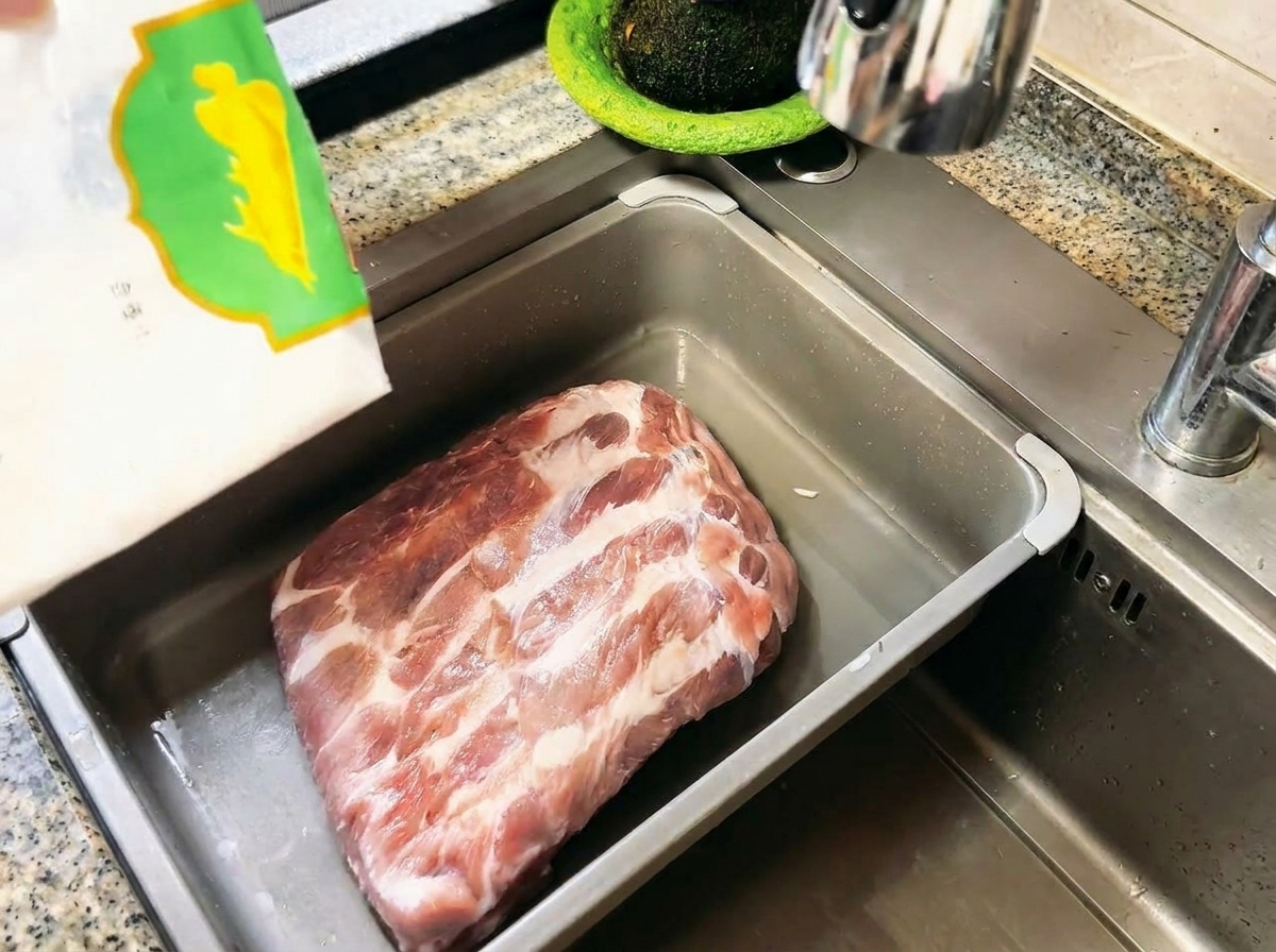 Biała mąka sypana na surowe żeberka wieprzowe w zlewie ze stali nierdzewnej.