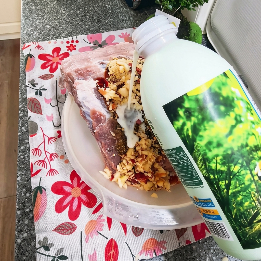 Mleko wlewane do miski z surowymi żeberkami.