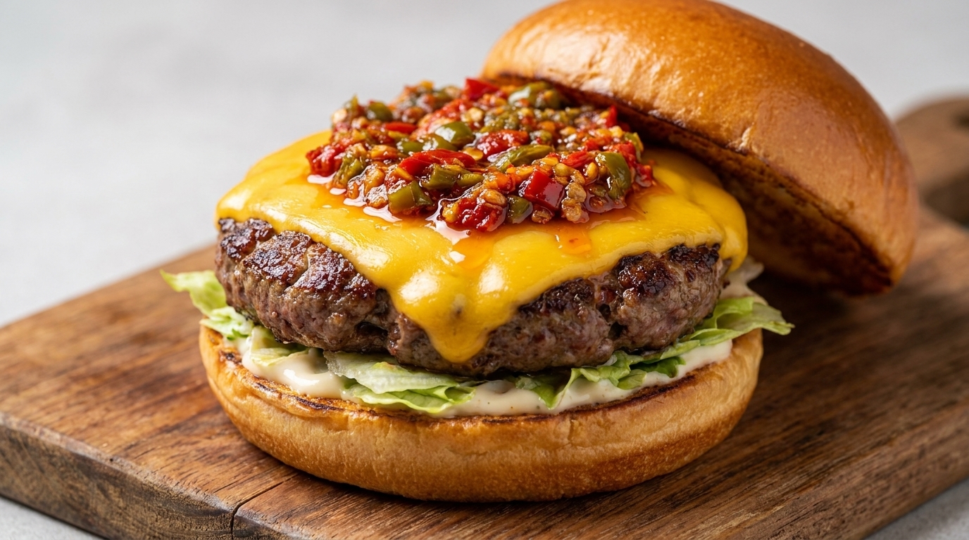 Soczysty cheeseburger polany hojną porcją wyrazistego, pikantnego sosu paprykowego o bogatej teksturze.