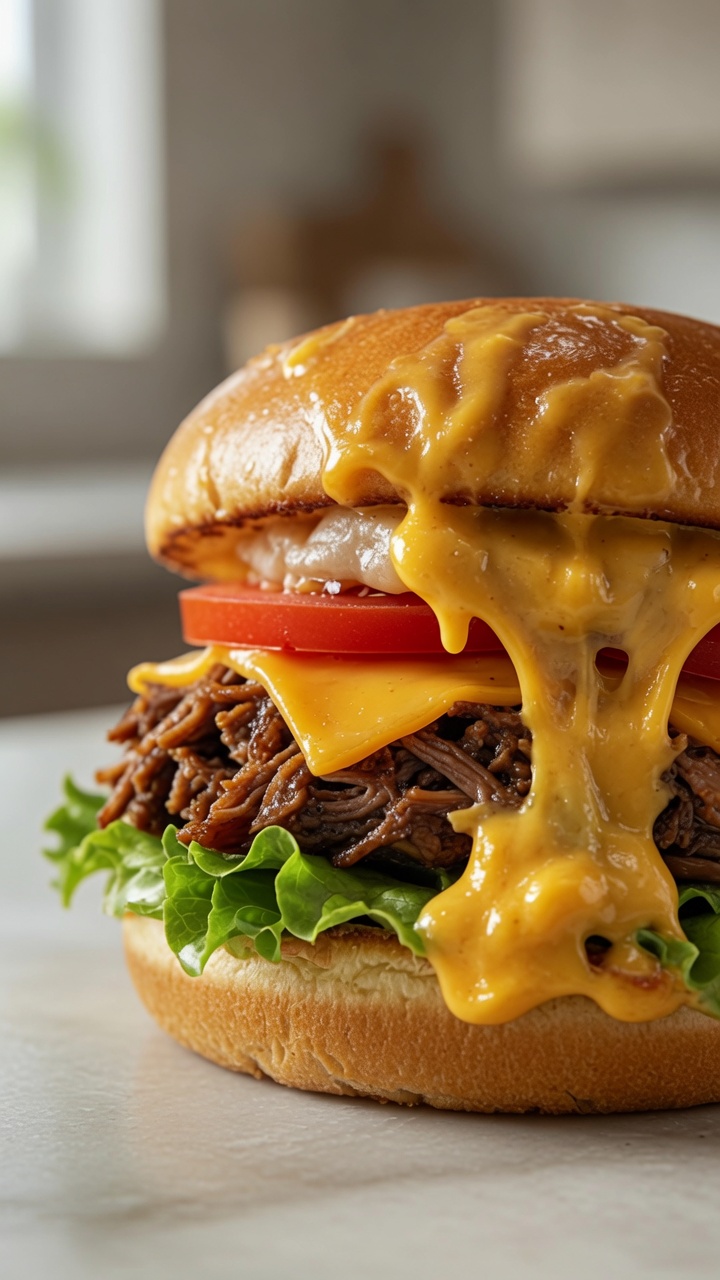 Burger z szarpaną wołowiną i lawą serową
