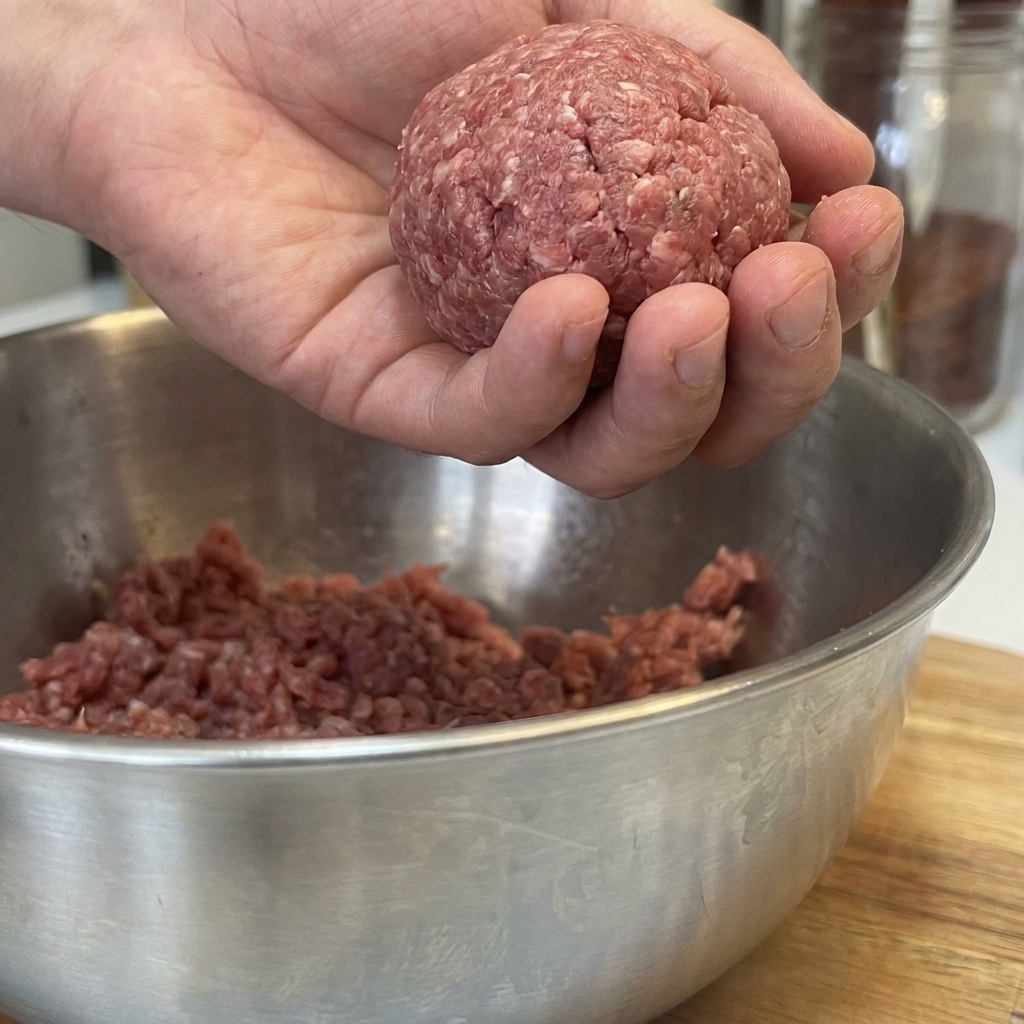 Surowa kulka mielonej wołowiny formowana w kotlet w dłoniach.