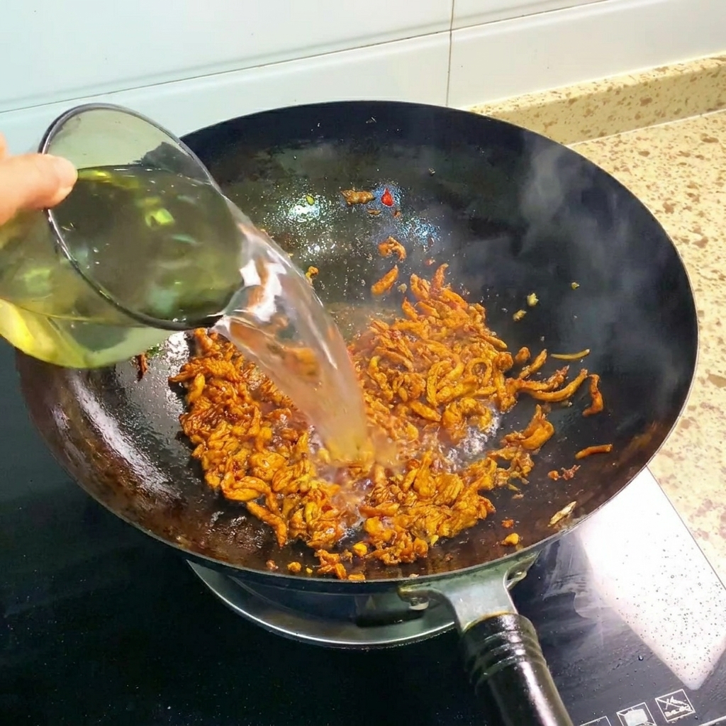 Woda wlewana do woka z przyprawionym kurczakiem.