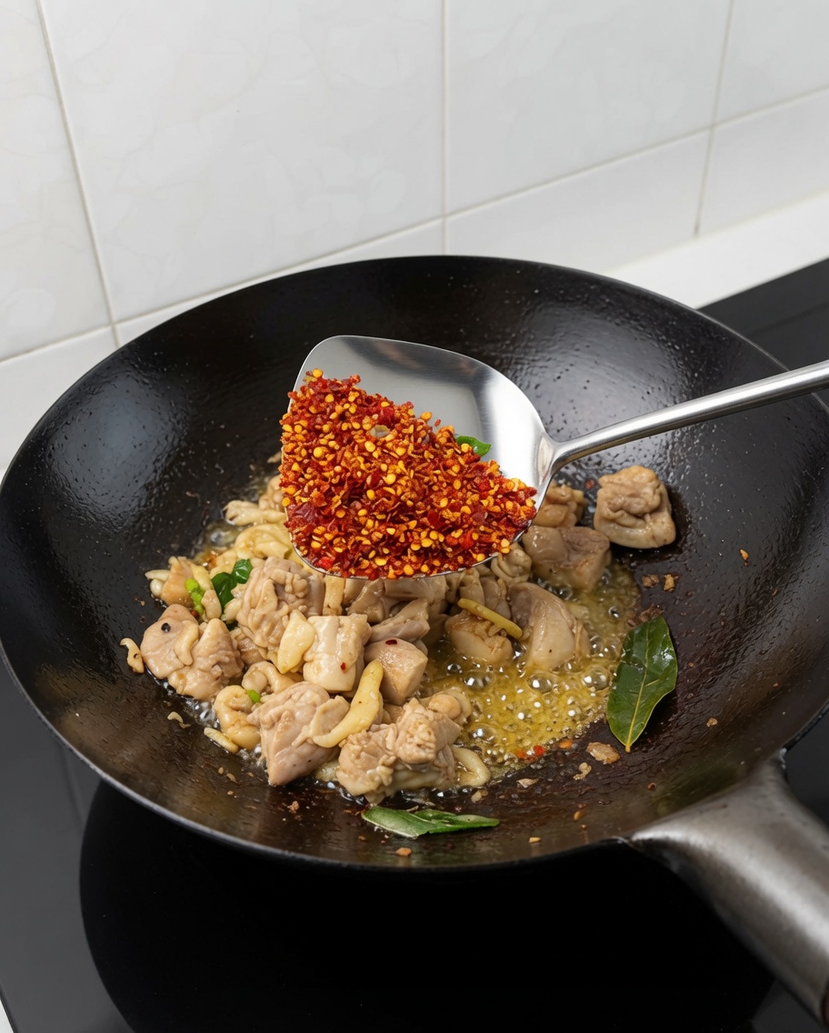 Metalowa łopatka trzymająca kruszone czerwone chili nad wokiem z smażonym kurczakiem.