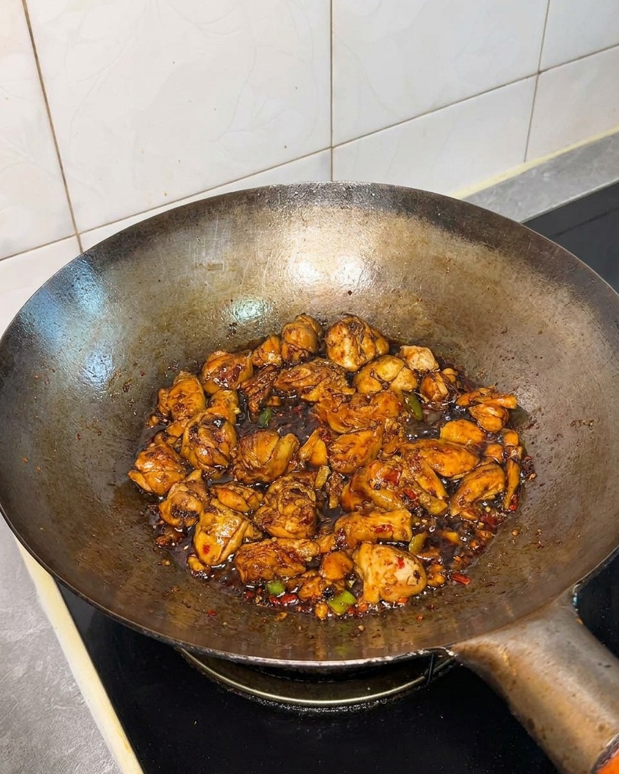 Kurczak z sosem w woku po dodaniu przypraw i dodatków.