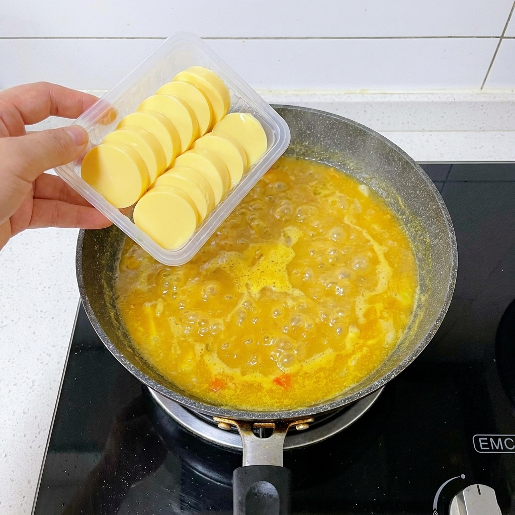 Dłoń ostrożnie zsuwająca plasterki żółtego tofu jajecznego z plastikowej tacki do wrzącego, złotego bulionu na kuchence.