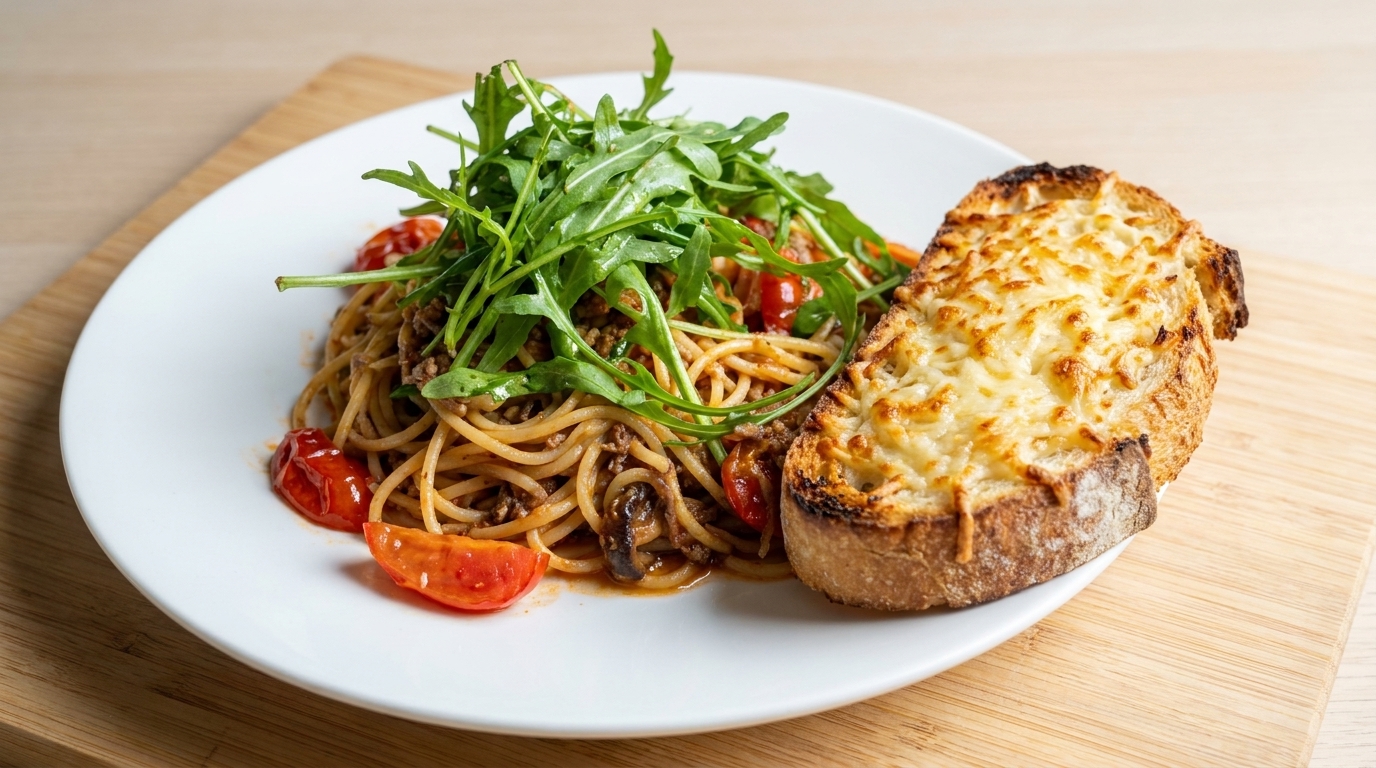 Spaghetti z anchois i serowymi tostami