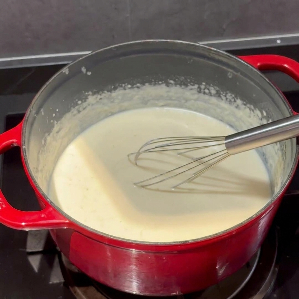 Ser cheddar i parmezan mieszane z kremowym białym sosem.