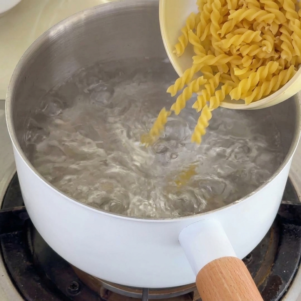 Suchy makaron fusilli wrzucany do garnka z wrzącą wodą.