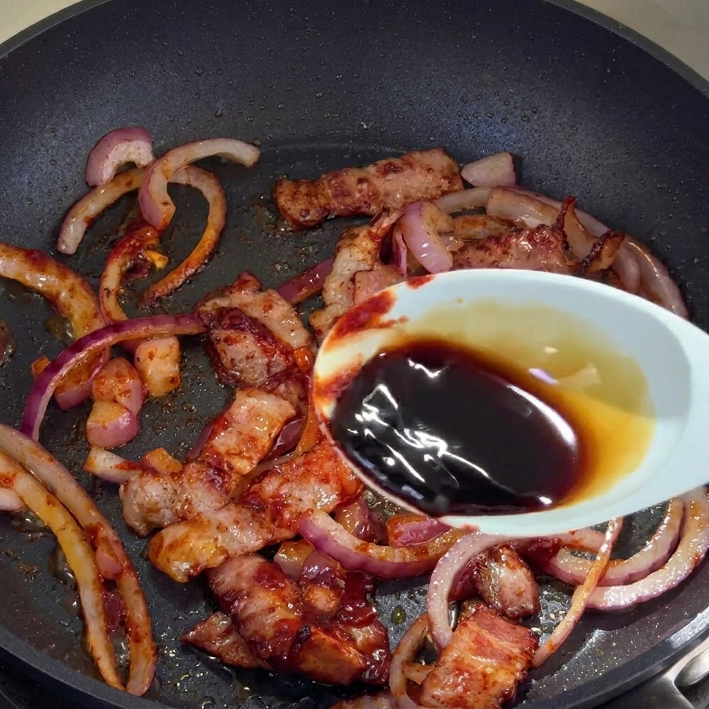 Jasny sos sojowy wlewany z łyżki na patelnię z bekonem i cebulą.