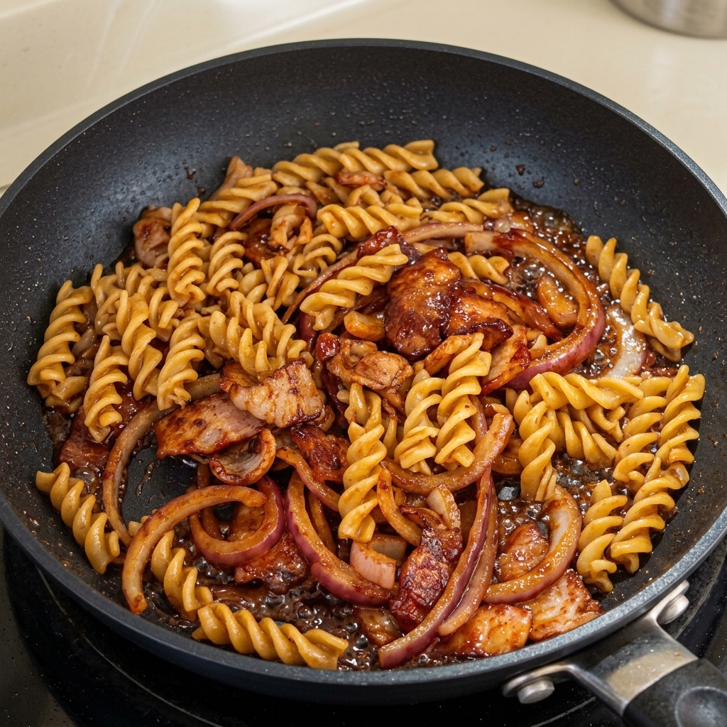 Ugotowany makaron fusilli dodawany do patelni z bekonem i cebulą.