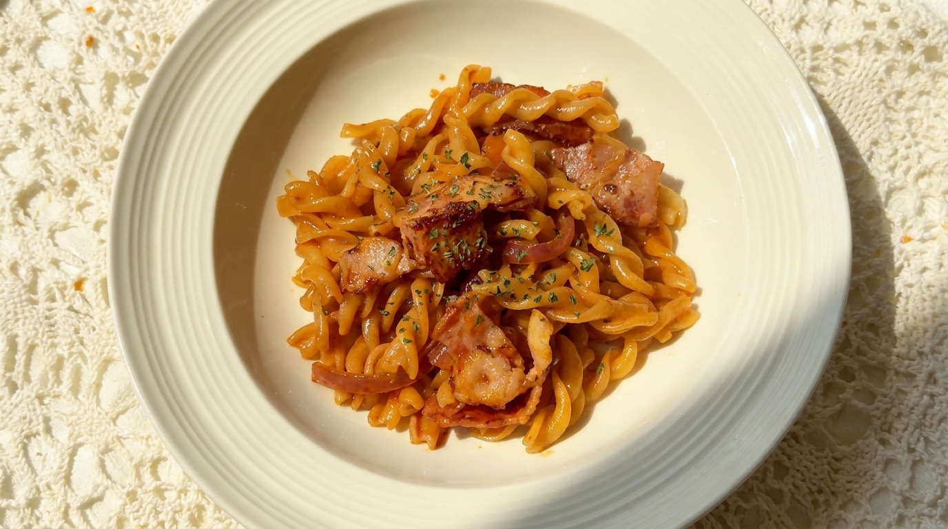 Pikantne kremowe fusilli z bekonem i gochujang