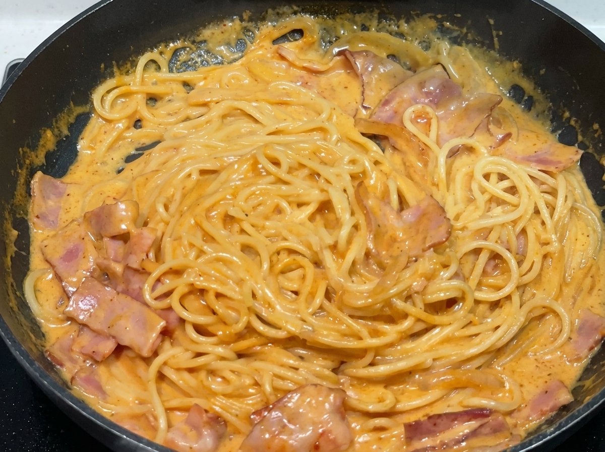 Spaghetti mieszane pałeczkami na patelni, w całości pokryte kremowym pomarańczowym sosem.
