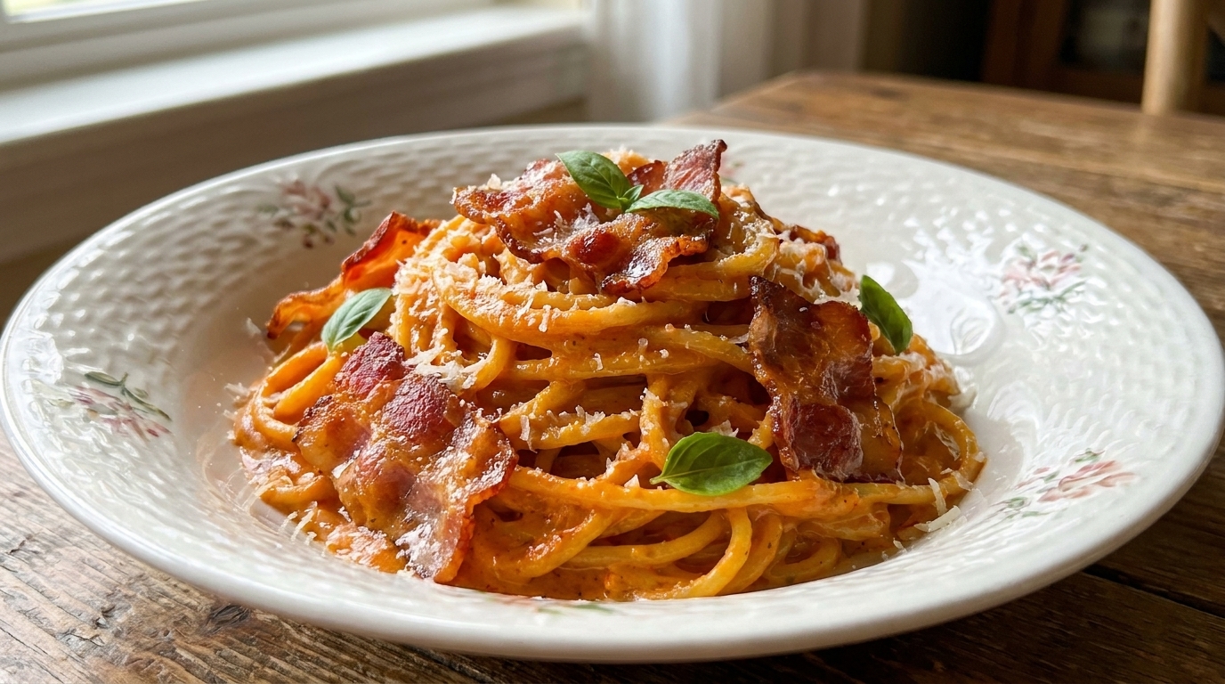 Talerz bogatego, kremowego spaghetti z chrupiącym boczkiem, udekorowany startym parmezanem.