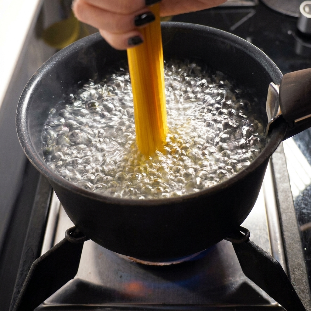 Dłoń wrzucająca suchy makaron spaghetti do garnka z intensywnie wrzącą wodą.