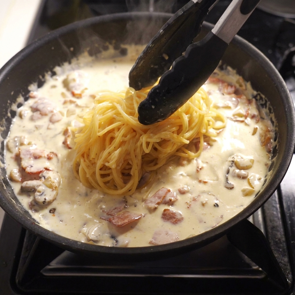 Spaghetti przekładane z garnka na patelnię z kremowym sosem boczkowo-grzybowym za pomocą kuchennych szczypiec.