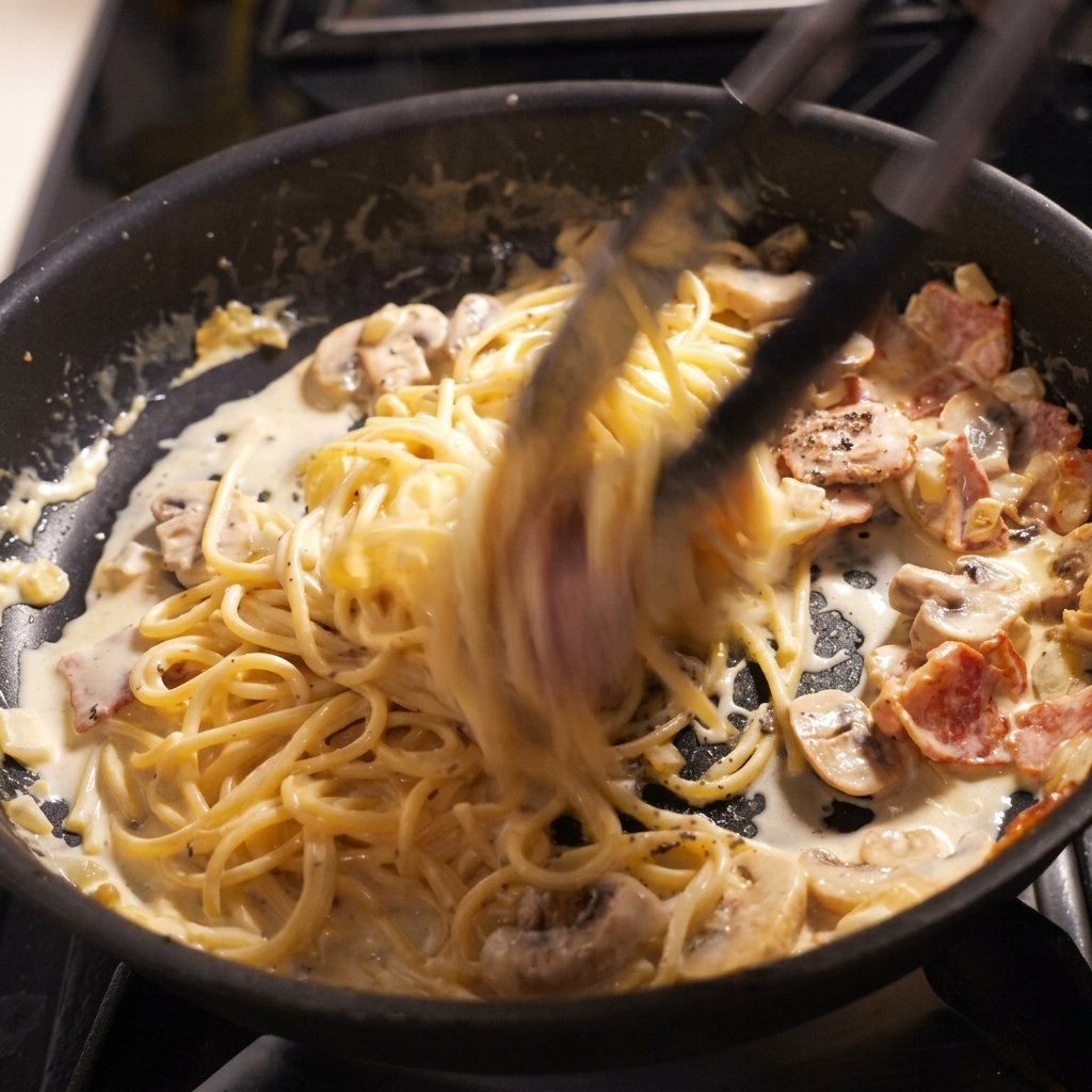 Spaghetti mieszane na patelni z kremowym sosem, boczkiem, pieczarkami i pastą truflową za pomocą szczypiec.