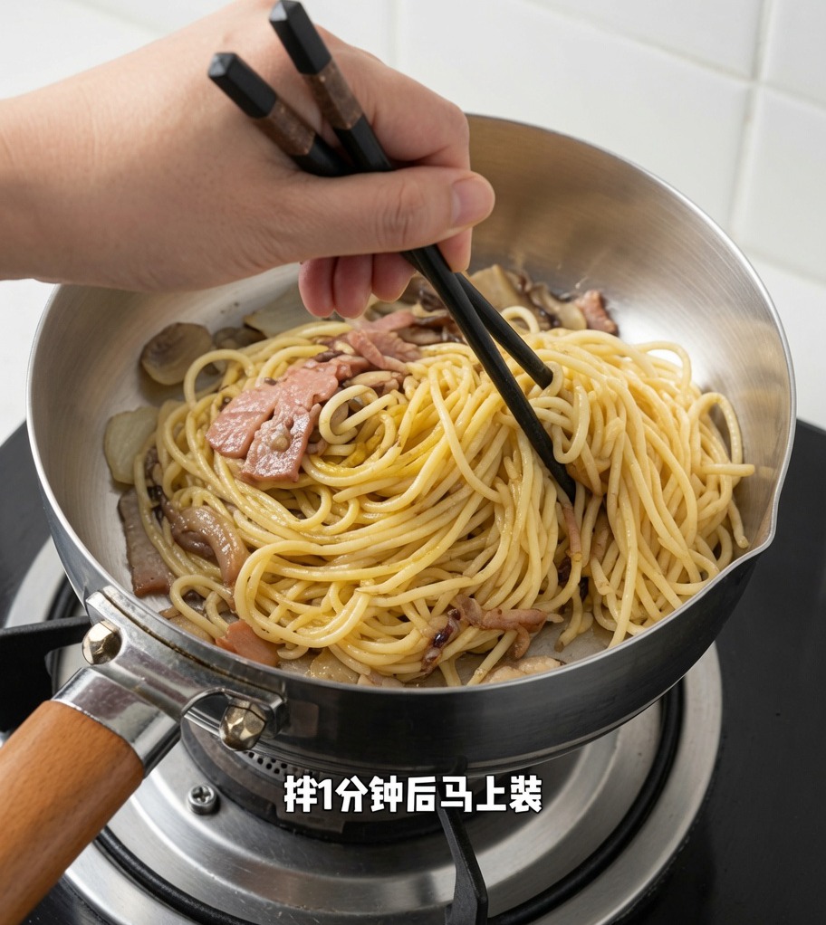 Spaghetti z czarną truflą mieszane na patelni za pomocą pałeczek.