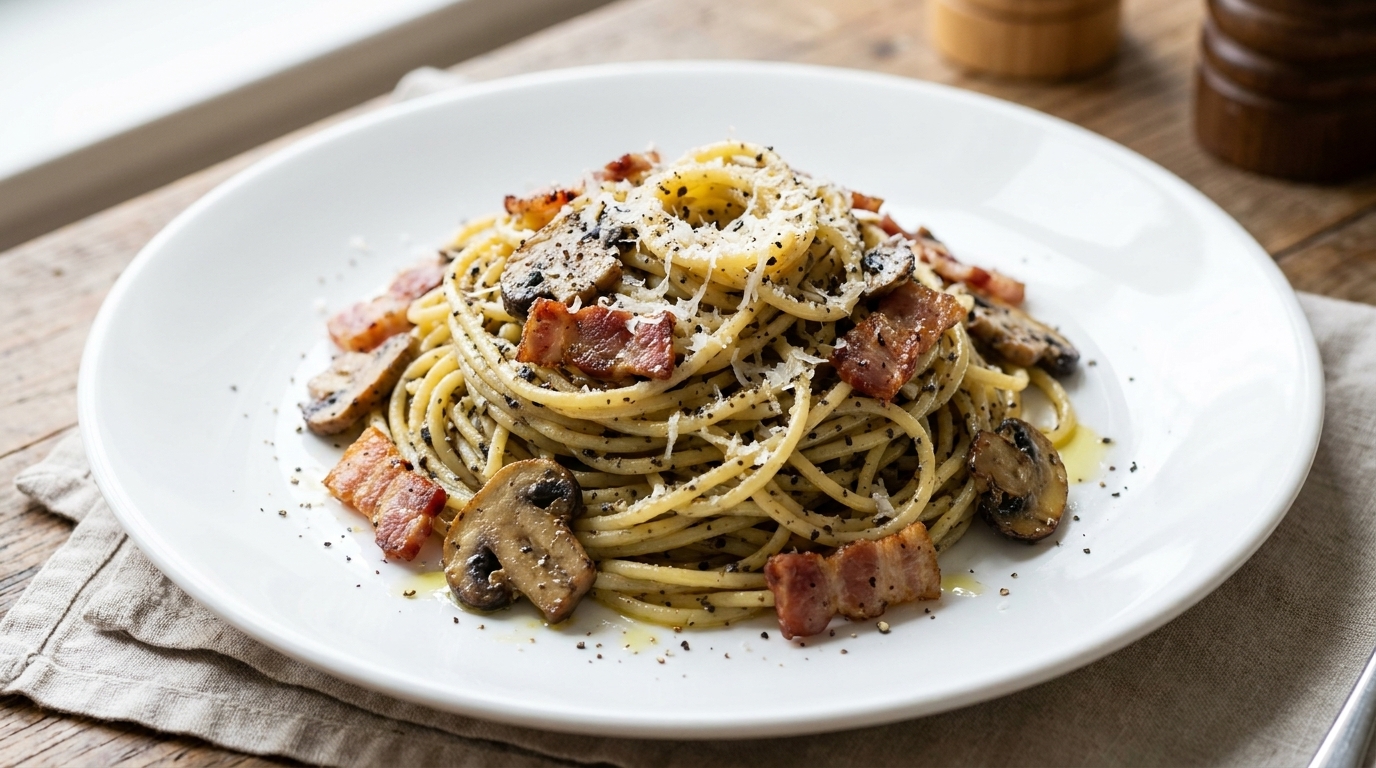 Wykwintne spaghetti z czarną truflą, boczkiem i grzybami