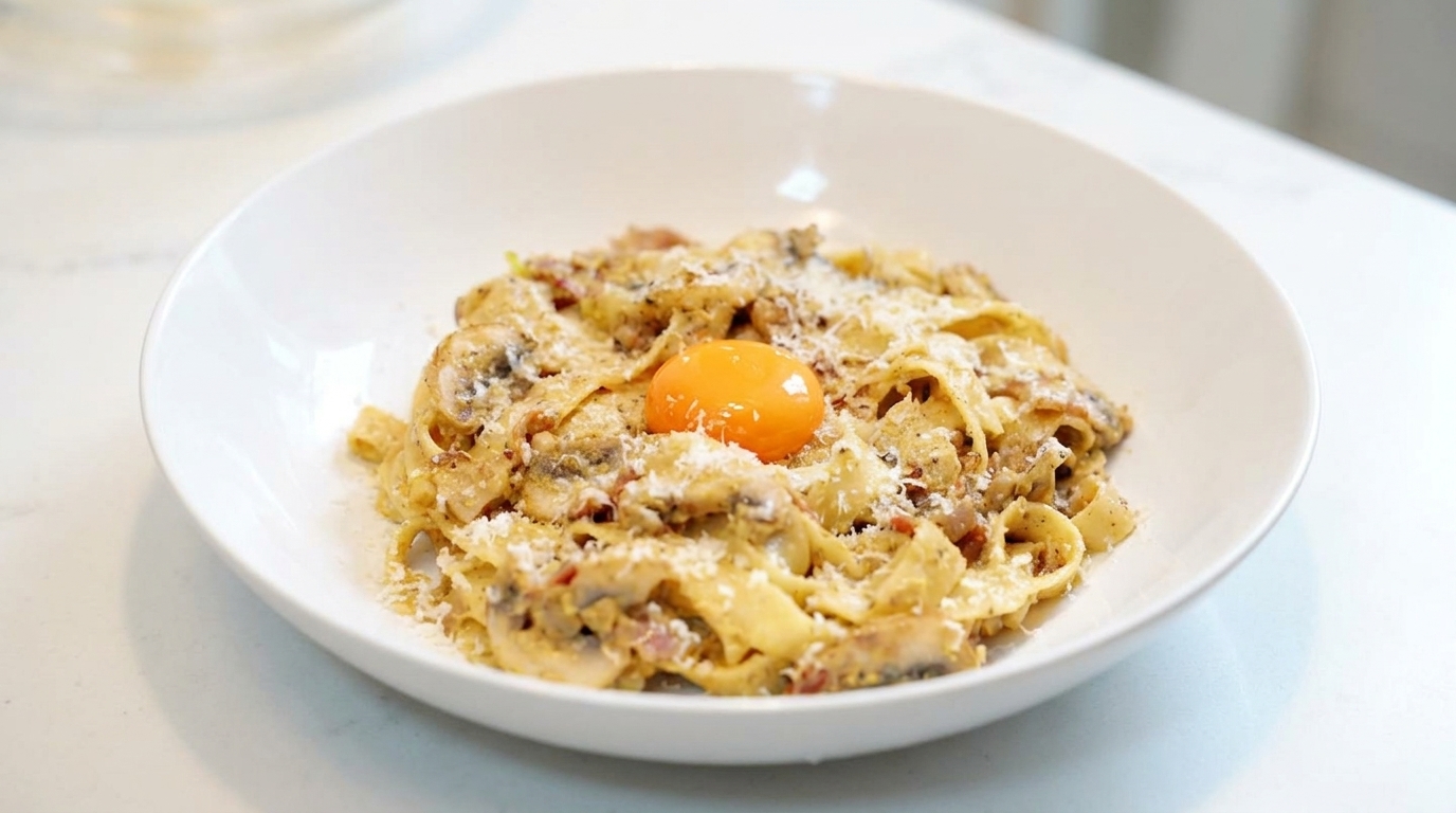 Makaron z czarną truflą i surowym żółtkiem w stylu Michelin