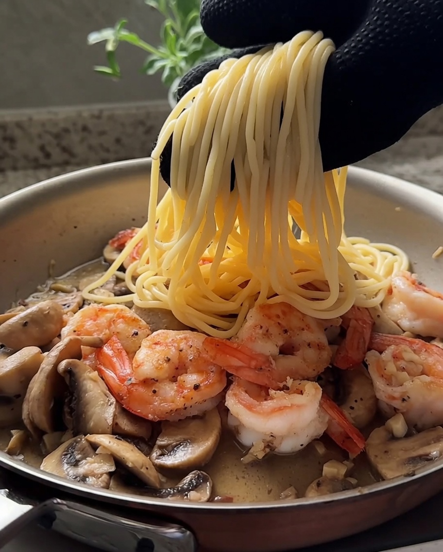Spaghetti wrzucane na patelnię z podsmażonymi krewetkami i pieczarkami.