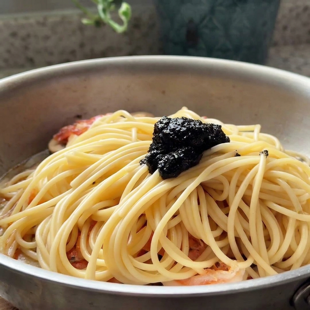 Łyżka czarnej pasty truflowej spoczywająca na wierzchu ugotowanego spaghetti z krewetkami na patelni.