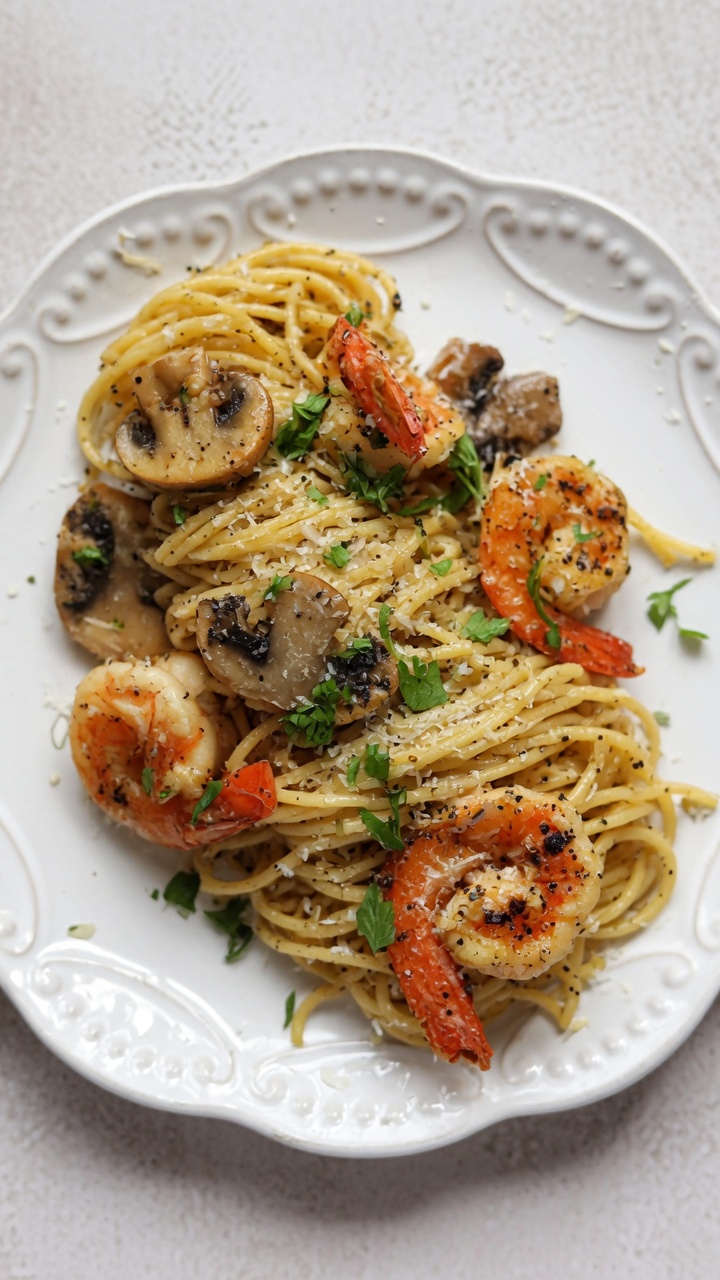 Zbliżenie na pięknie podane spaghetti z podsmażonymi krewetkami, plastrami pieczarek, tartym serem i posiekaną natką pietruszki.