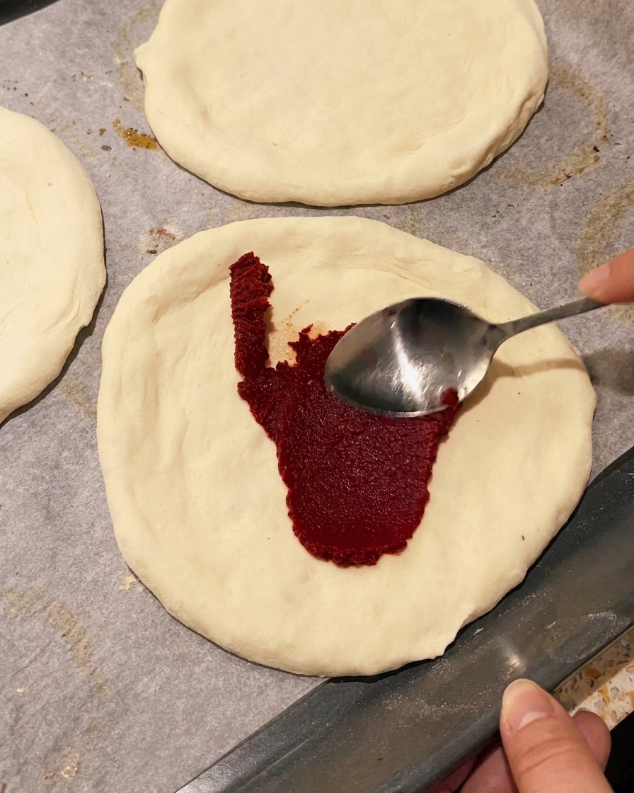 Zbliżenie dłoni rozsmarowującej gęsty sos pomidorowy na surowym spodzie do pizzy za pomocą łyżki.