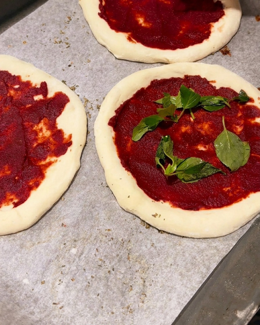 Surowe spody do pizzy pokryte sosem pomidorowym i jasnoniebieskimi liśćmi świeżej bazylii.