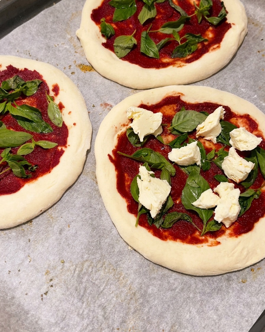 Ręcznie porwane kawałki białej mozzarelli rozrzucone na mini pizzach pokrytych sosem i bazylią.