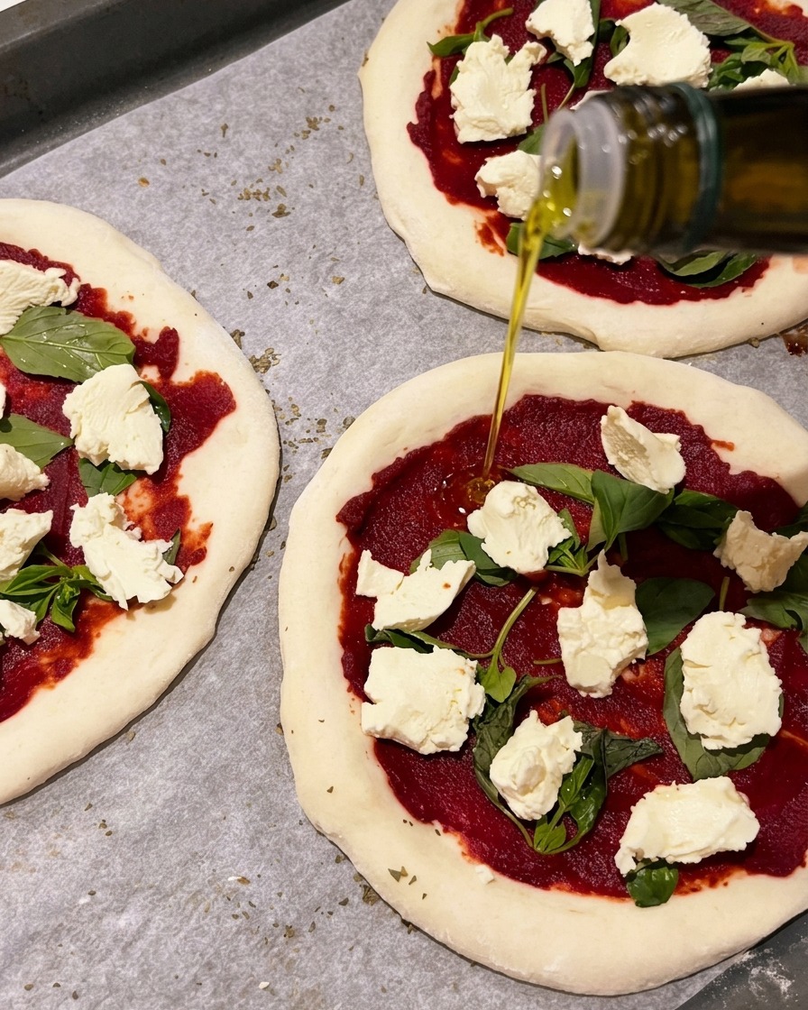 Złota oliwa z oliwek nalewana ze szklanej butelki na surowe mini pizze przygotowane do pieczenia.