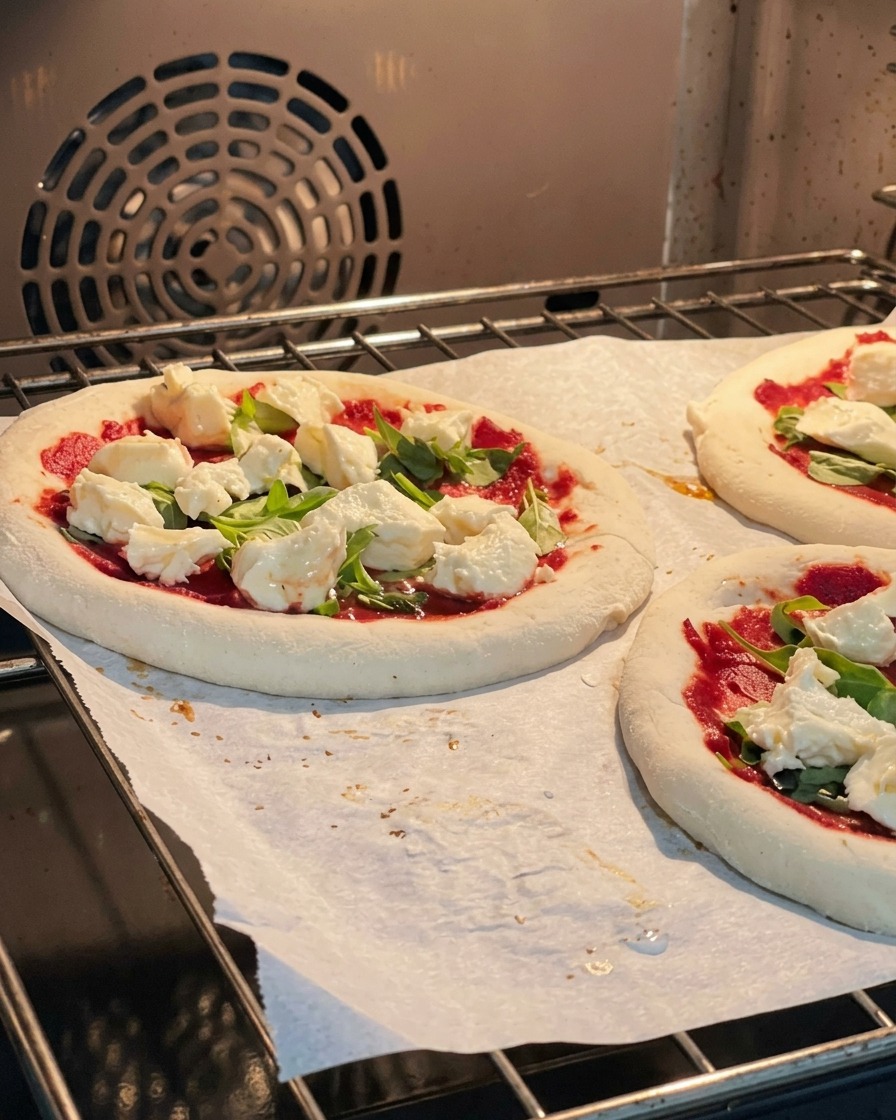 Blacha z przygotowanymi, surowymi pizzami wsuwana do gorącego piekarnika.